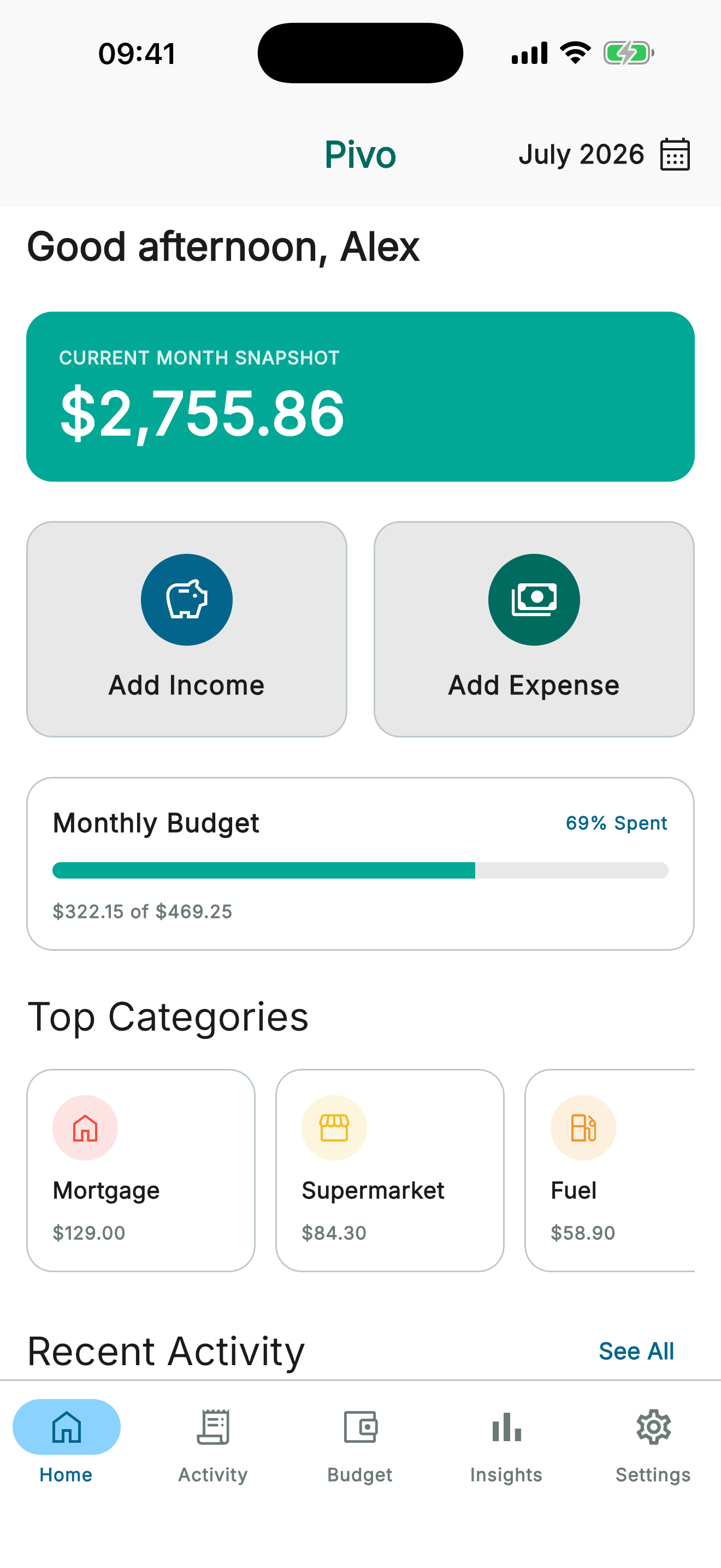 Pivo home screen showing a monthly snapshot, budget and top spending categories